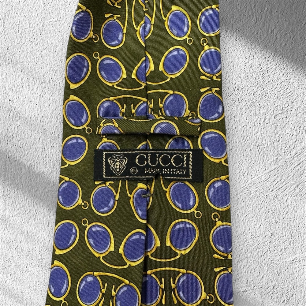 GUCCI Vintage Silk Avocado, Purple & Gold Neck Tie Glasses Spectacles Print - Picture 11 of 13